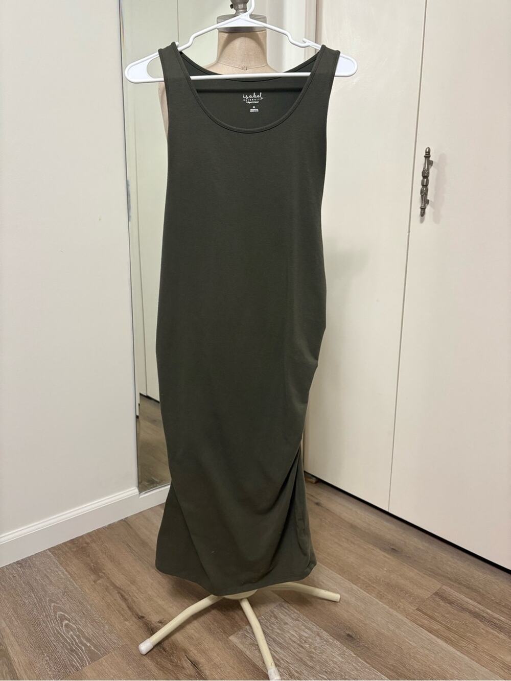 Isabel Maternity Olive Green Ruched Midi Casual Dress Sleeveless Women Medium